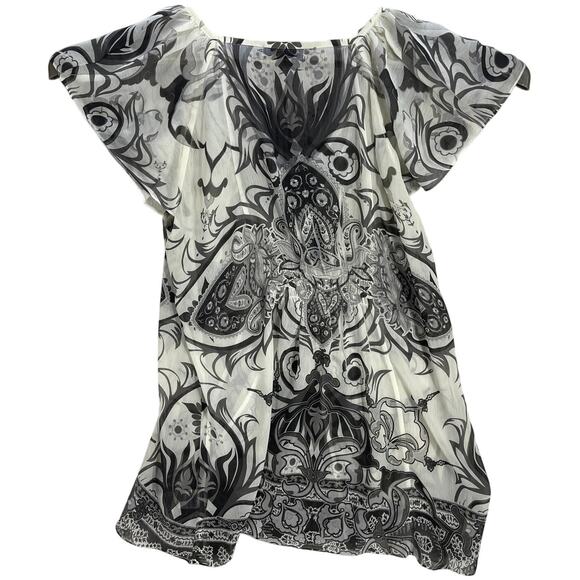 Unity Tunic Top Women Size L Off White Gray Sheer Short Sleeve Boho Fairy Grunge - Picture 2 of 7